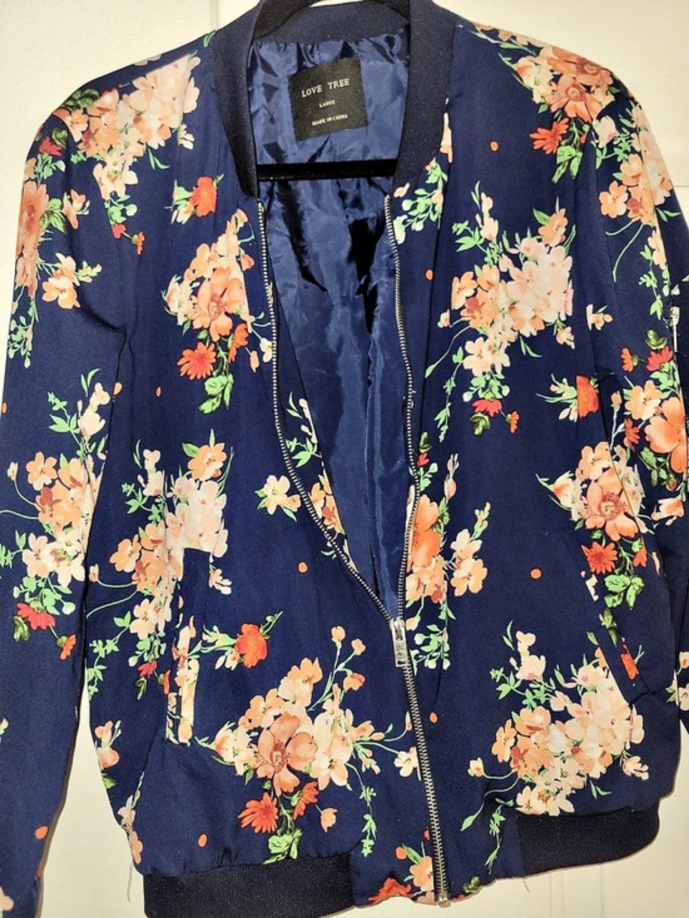 Love Tree Floral Bomber Jacket in Blue Size Large Like New